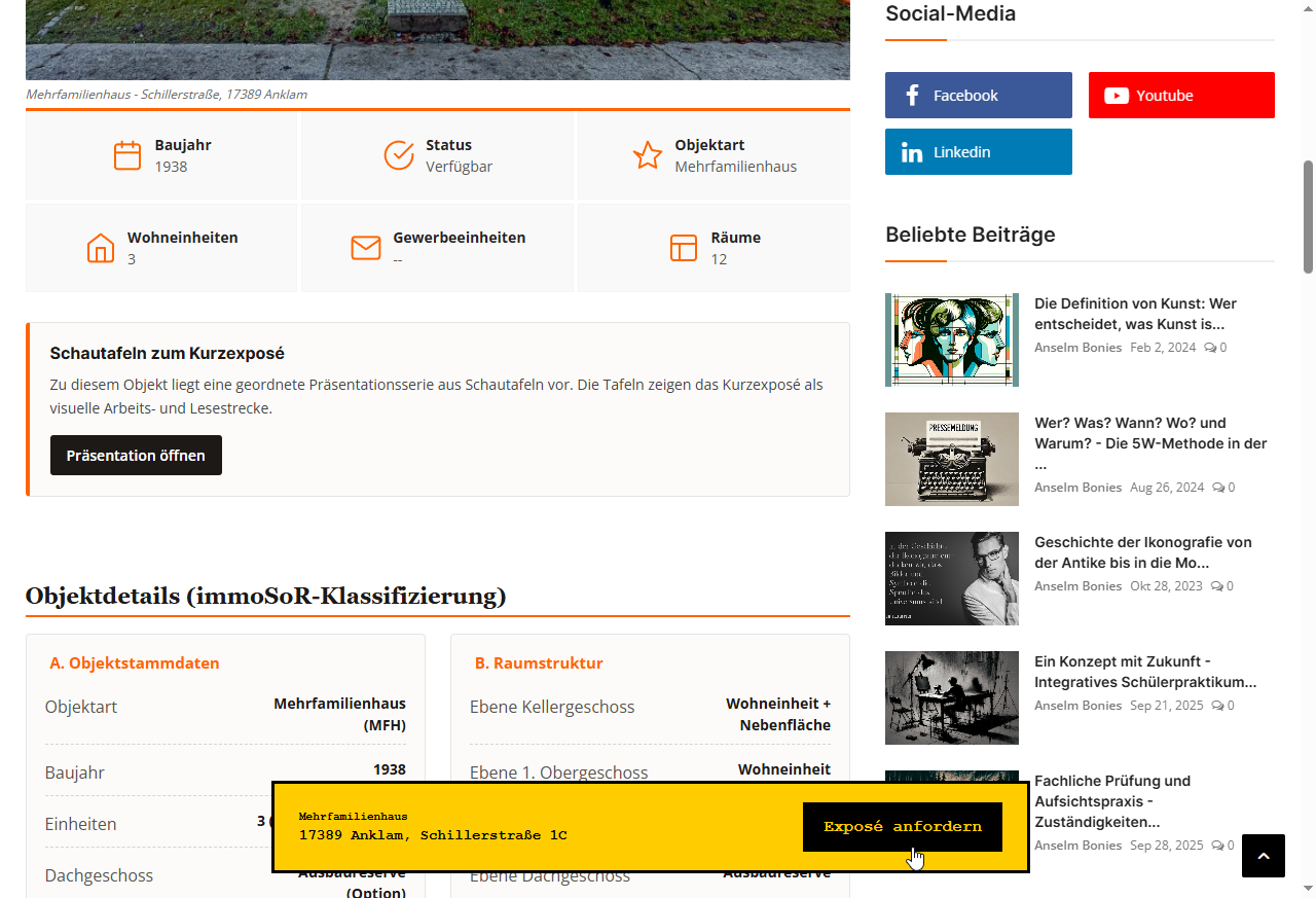 Objektseite im CMS mit sichtbarem immoSoR-Widget und Schaltfläche Exposé anfordern.