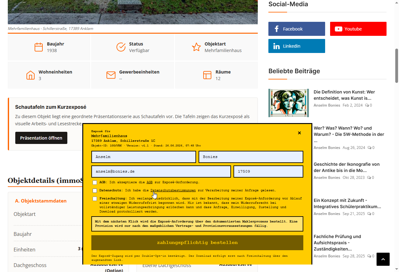 Formularfenster zur Exposé-Anforderung mit Objektkopf, Eingabefeldern und Zustimmungen.