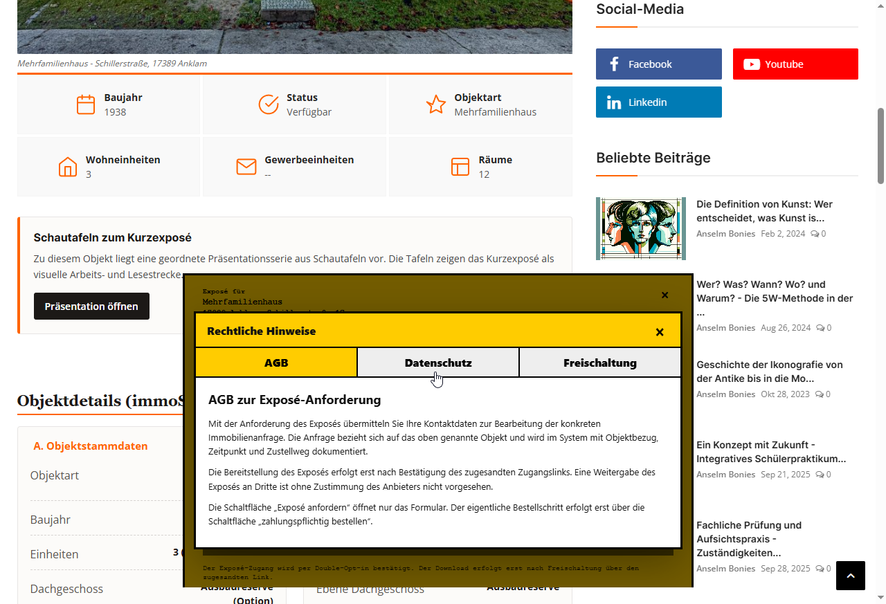 Rechtliche Hinweise im Formular mit geöffneter Registerkarte AGB.