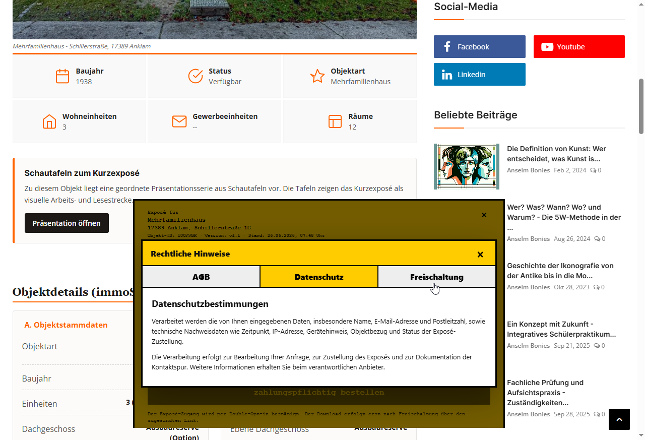 Rechtliche Hinweise im Formular mit geöffneter Registerkarte Datenschutz.