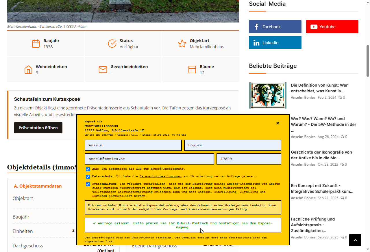 Erfolgsmeldung im Widget nach abgesendeter Exposé-Anforderung.