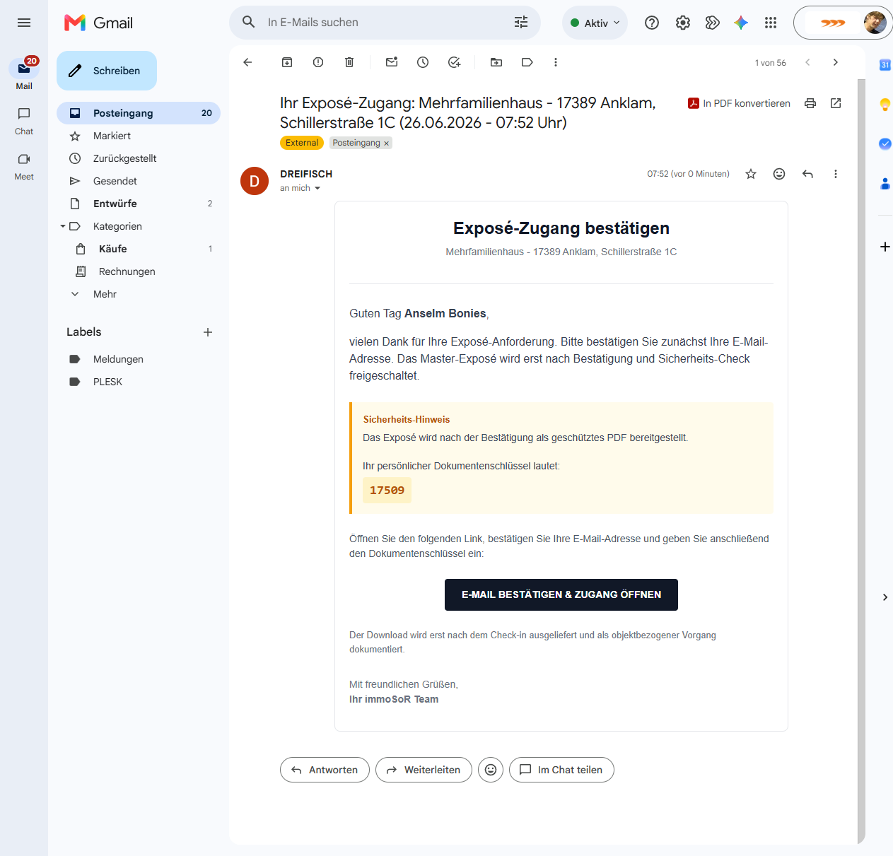 Gmail-Ansicht mit immoSoR-Bestätigungsmail zur Exposé-Anforderung.