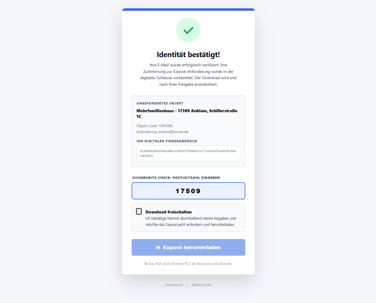 Prüfseite nach bestätigter Identität mit PLZ-Feld und Freigabe des Downloads.