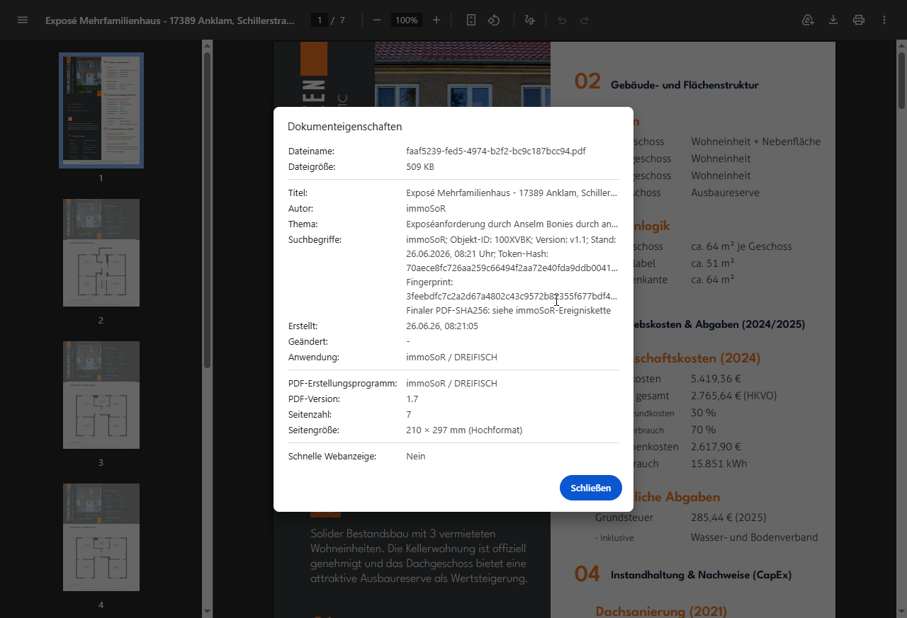 Browser-PDF-Viewer mit Dokumenteigenschaften und sieben Seiten Exposé.