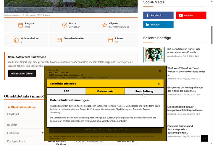 Rechtliche Hinweise im Formular mit geöffneter Registerkarte Datenschutz.