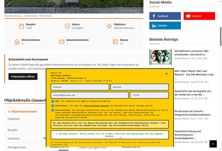 Erfolgsmeldung im Widget nach abgesendeter Exposé-Anforderung.