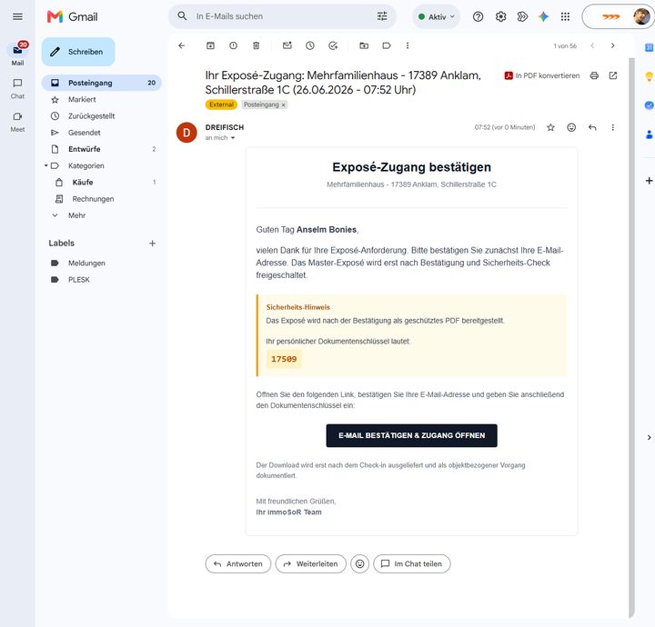 Gmail-Ansicht mit immoSoR-Bestätigungsmail zur Exposé-Anforderung.