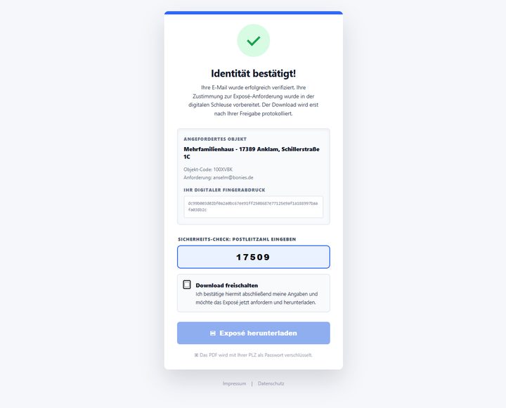 Prüfseite nach bestätigter Identität mit PLZ-Feld und Freigabe des Downloads.