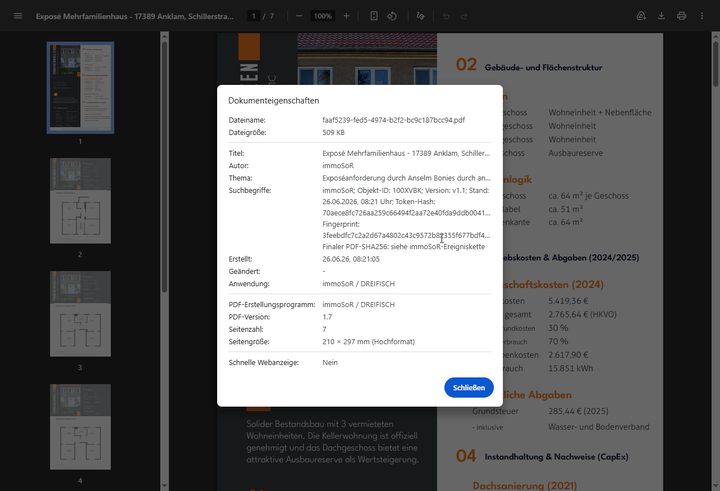 Browser-PDF-Viewer mit Dokumenteigenschaften und sieben Seiten Exposé.