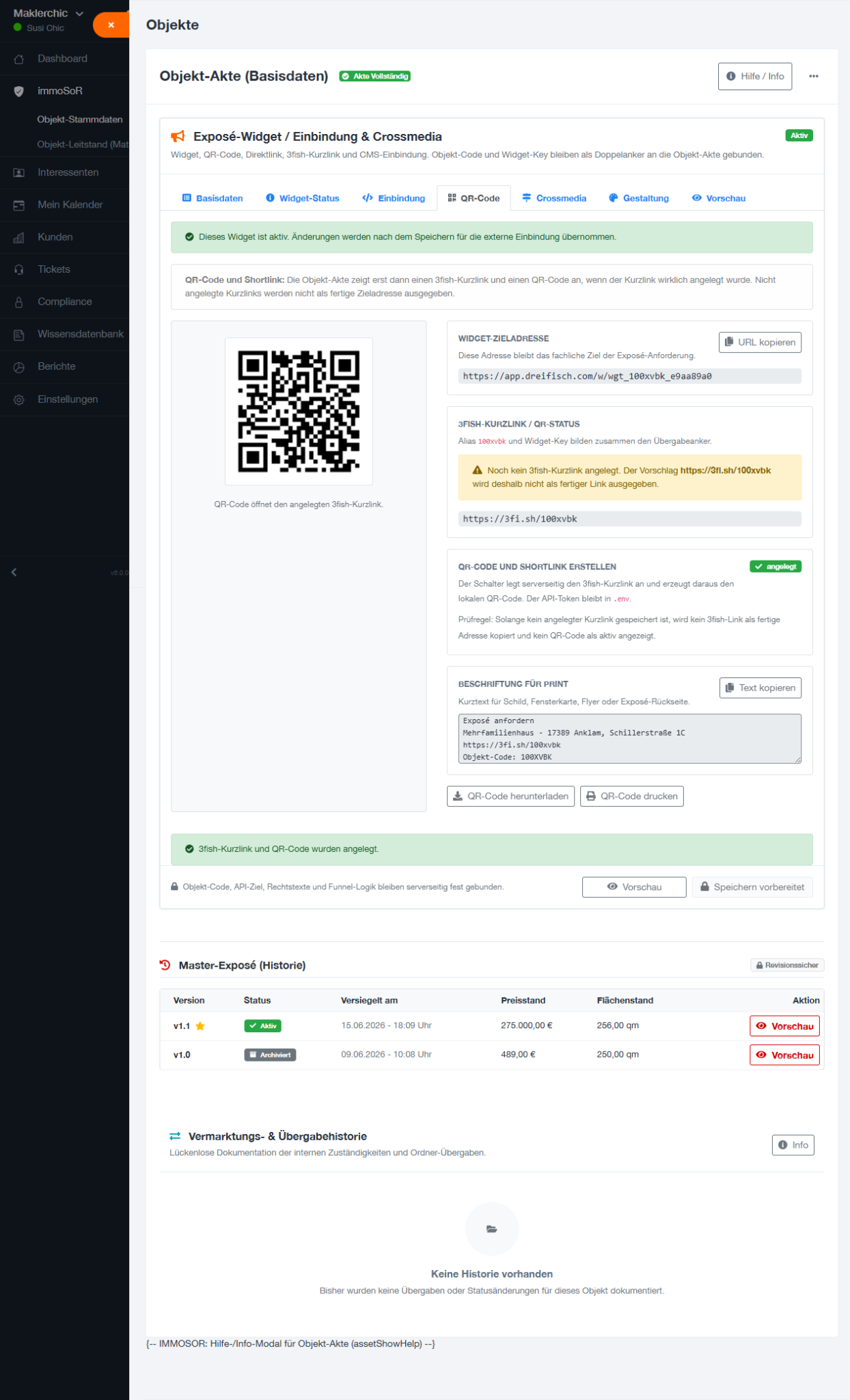 Objekt-Akte mit aktivem QR-Code und 3fish-Kurzlink